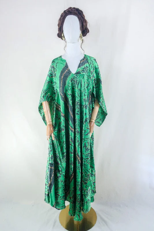 Goddess Dress - Spearmint & Charcoal Floral - Vintage Sari - Free Size