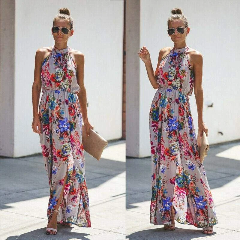 FashionSierra - Halter Style Women Summer Floral Dress Casual Boho High Waist Long Maxi Holiday Party Sleeveless Loose Dress Clothes