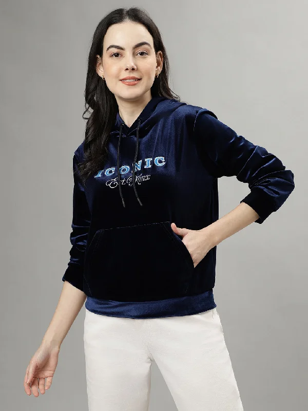 Iconic Women Navy Blue Solid Hooded Long Sleeves Sweatshirts