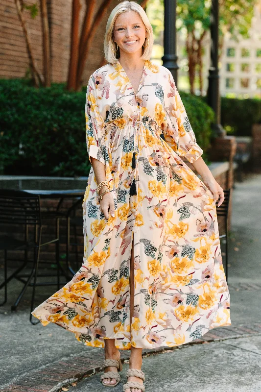 It's A Match Beige Floral Maxi Dress