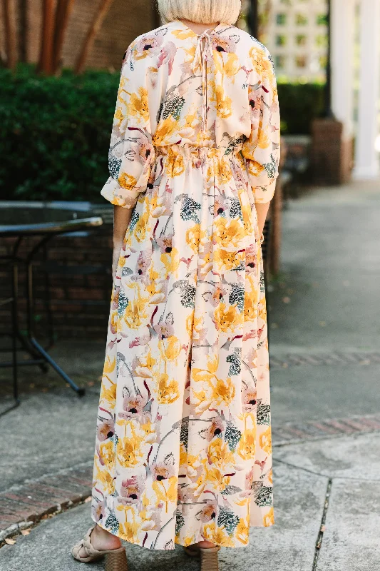 It's A Match Beige Floral Maxi Dress