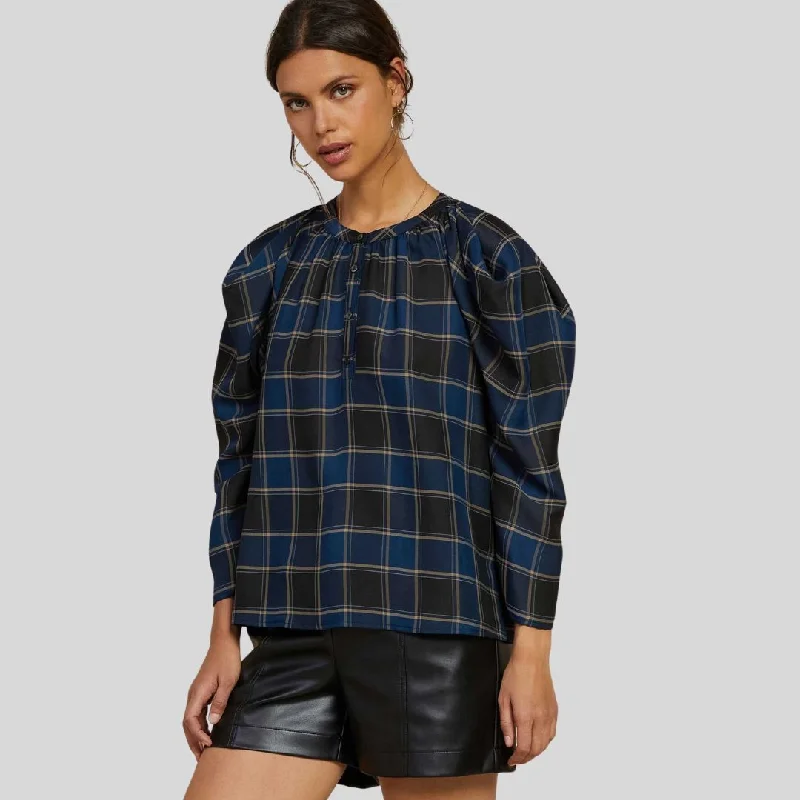 Plaid Puff Sleeve Top (Black + Navy Plaid)