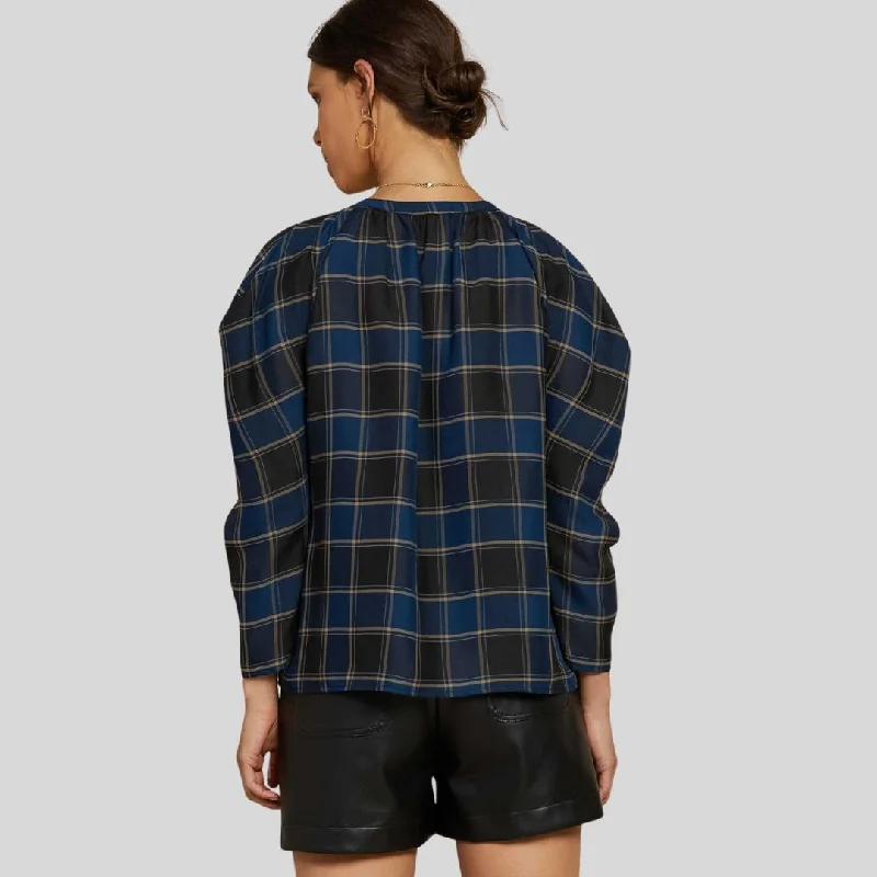 Plaid Puff Sleeve Top (Black + Navy Plaid)