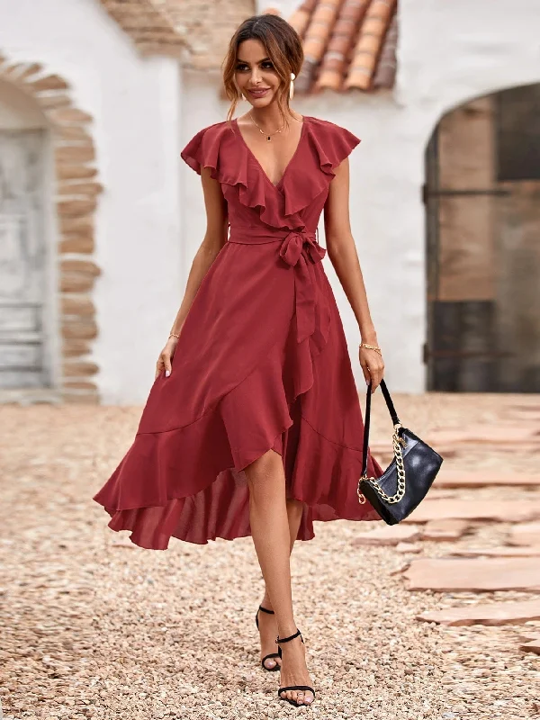 Red Carpet Ruffle Wrap High Low Maxi Dress - Maroon - FINAL SALE