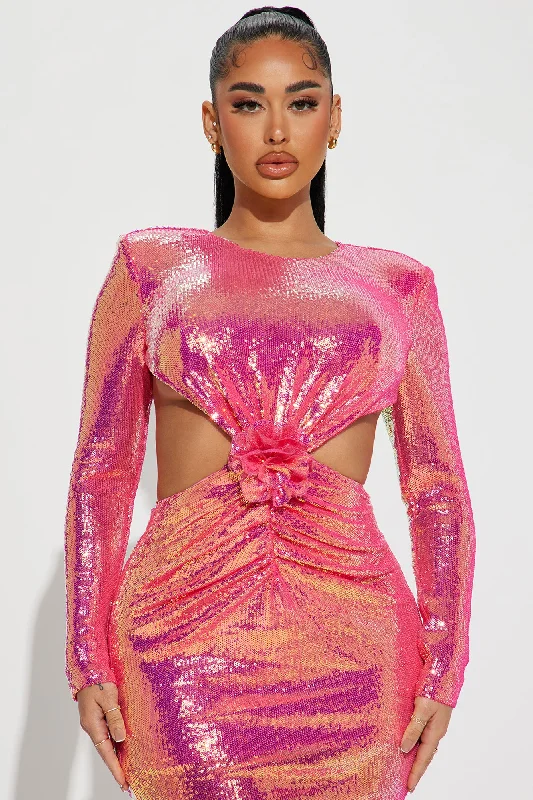 Tristy Ruched Sequin Gown - Hot Pink