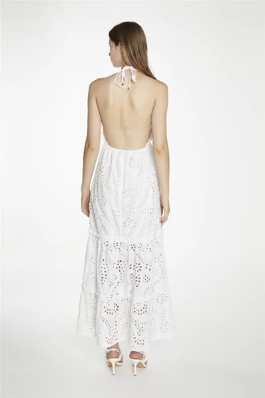 White-Broderie Halterneck Maxi-Dress