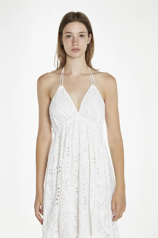 White-Broderie Halterneck Maxi-Dress