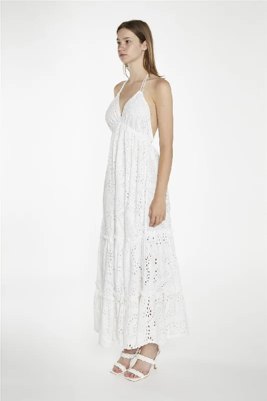 White-Broderie Halterneck Maxi-Dress