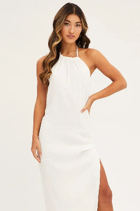 White Textured Halter Dress Backless