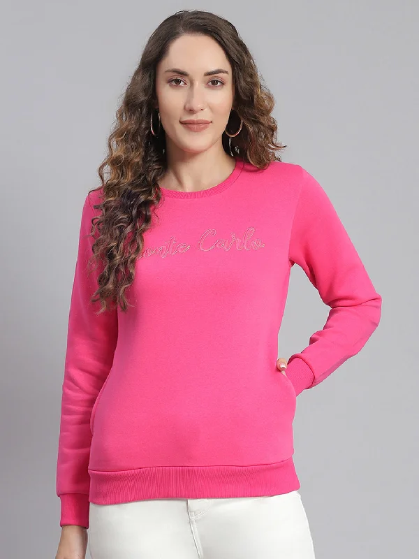 Women Magenta Embroidered Round Neck Full Sleeve Sweatshirts