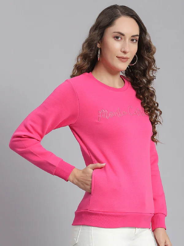 Women Magenta Embroidered Round Neck Full Sleeve Sweatshirts