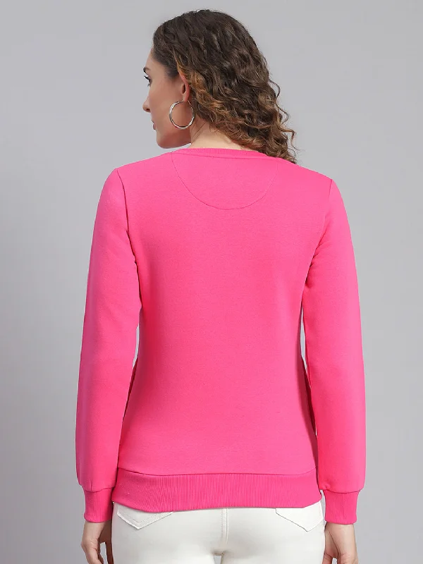 Women Magenta Embroidered Round Neck Full Sleeve Sweatshirts