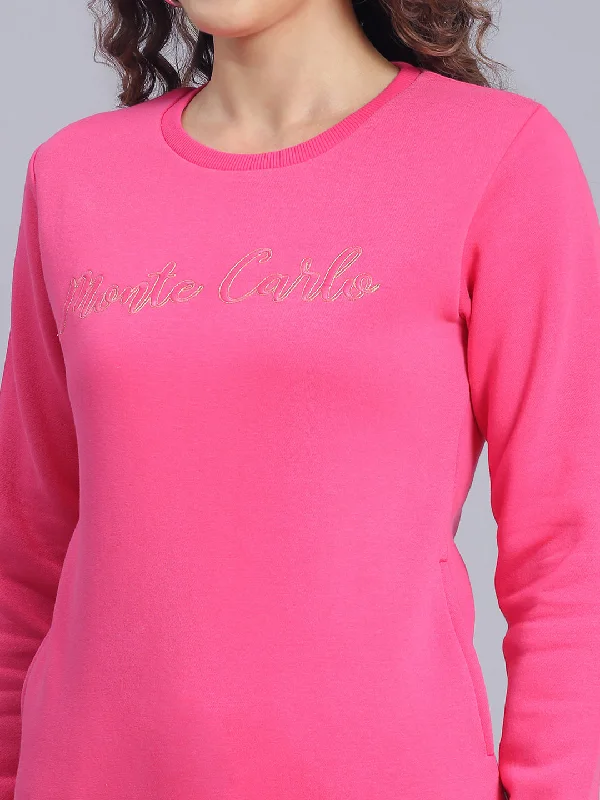 Women Magenta Embroidered Round Neck Full Sleeve Sweatshirts