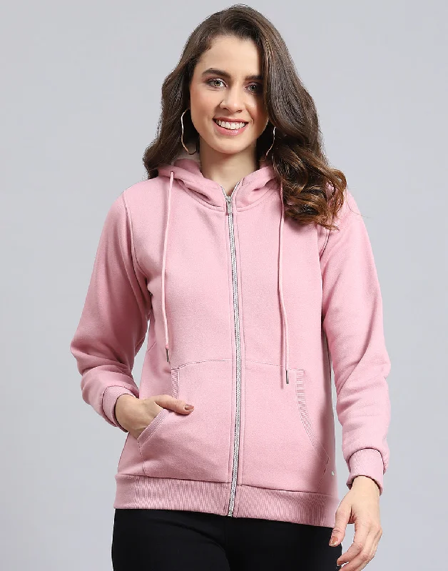 Women Pink Solid Hooded Full Sleeve Sweatshirt