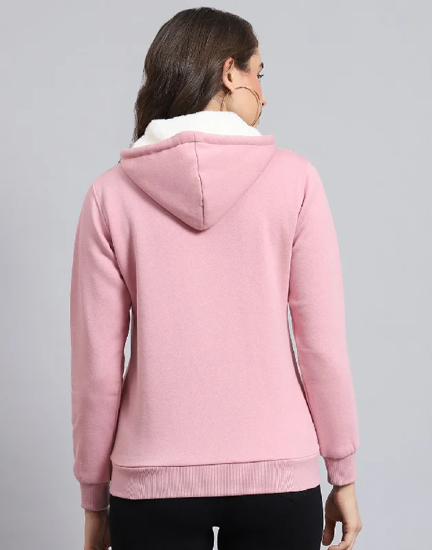 Women Pink Solid Hooded Full Sleeve Sweatshirt