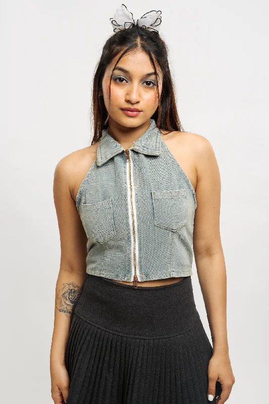 Denim Zipper Halter Top