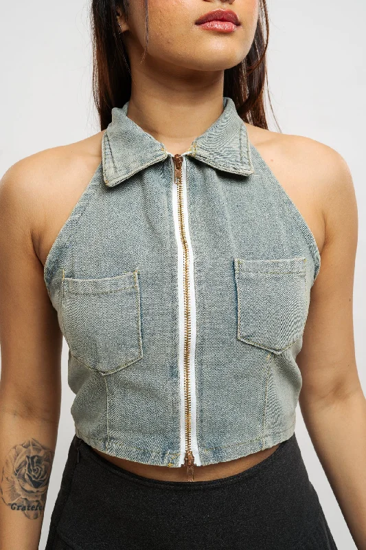 Denim Zipper Halter Top