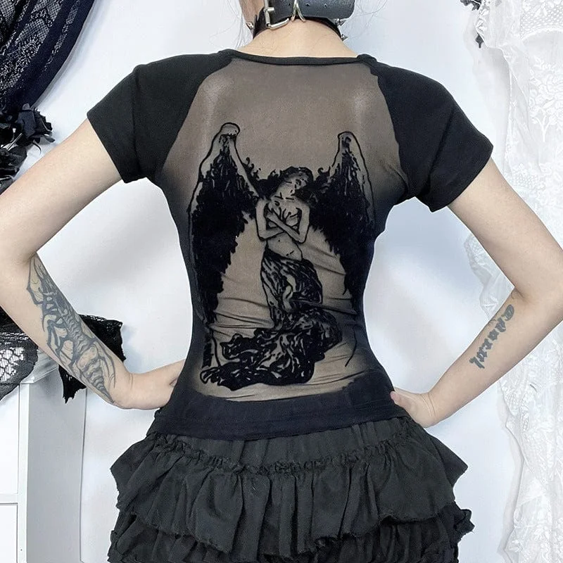 Women's Punk Angel Flocking Mesh Splice T-shirt