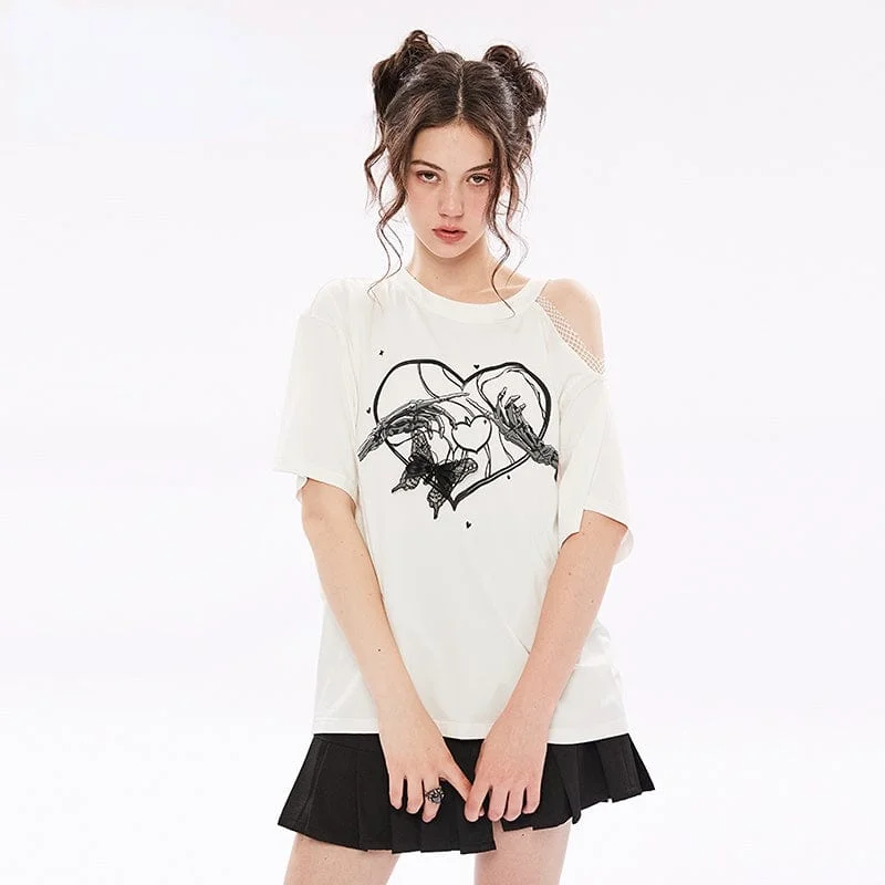 Women's Punk Skull Printed Slash Shoulder Casual Tee