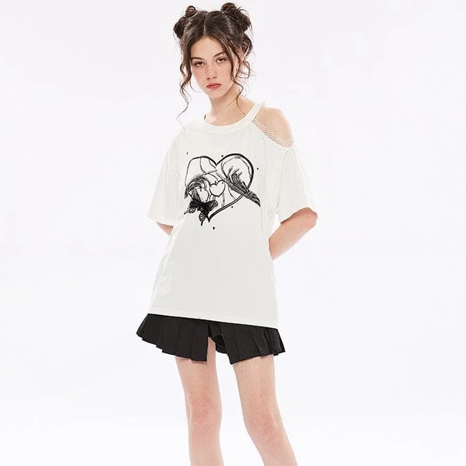 Women's Punk Skull Printed Slash Shoulder Casual Tee