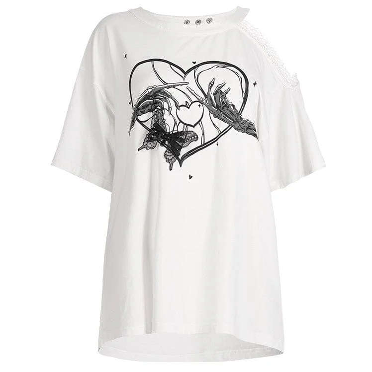 Women's Punk Skull Printed Slash Shoulder Casual Tee