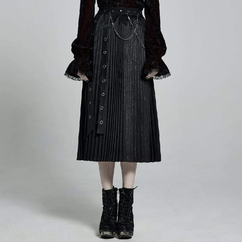 Women's Punk Velet Mid-length Pleated Skirts with Belts