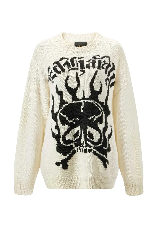 Womens Skull In Flames Jaquard Knitted Jumper - Ecru/Black