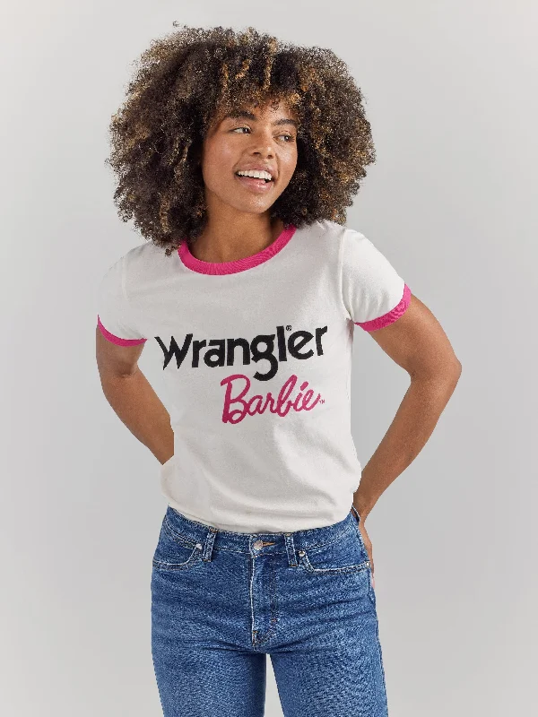 Wrangler X Barbie Women's Logos Slim Ringer Tee In Worn White